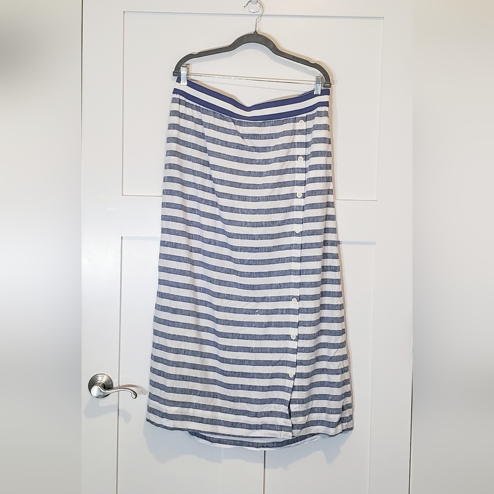 J. Jill Love Linen Maxi Skirt Seaside Stripe Blue White Hand Pockets Size LT